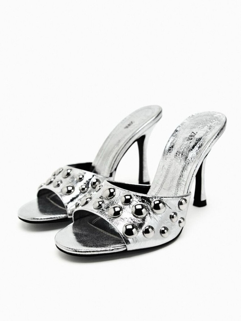ZARA WOMAN SS23 LEATHER HIGH HEEL MULES WITH BEADS SILVER SZ
6.5 EU37 1357/110